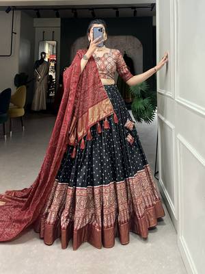 Black Color Dola Silk With Bandhani And Ajarakh Print Foil Work Lehenga Choli For Women 3