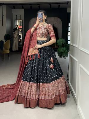 Black Color Dola Silk With Bandhani And Ajarakh Print Foil Work Lehenga Choli For Women 4