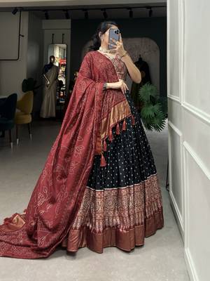 Black Color Dola Silk With Bandhani And Ajarakh Print Foil Work Lehenga Choli For Women 5