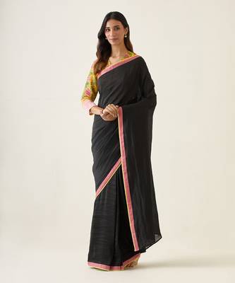 Black handcrafted linen silk saree Without Blouse 1