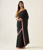 Black handcrafted linen silk saree Without Blouse