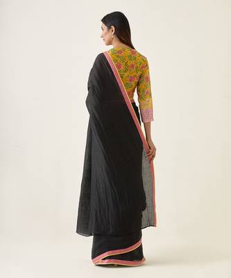 Black handcrafted linen silk saree Without Blouse 2