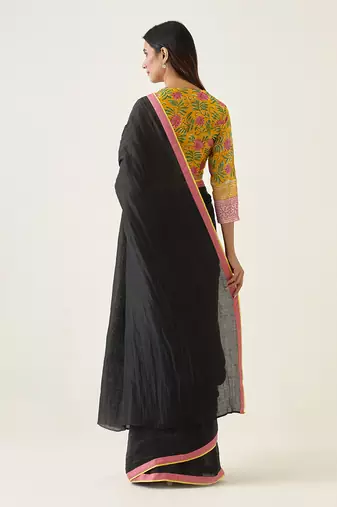 Black handcrafted linen silk saree Without Blouse