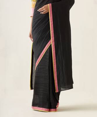 Black handcrafted linen silk saree Without Blouse 3