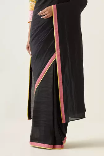 Black handcrafted linen silk saree Without Blouse