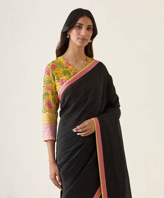 Black handcrafted linen silk saree Without Blouse 4