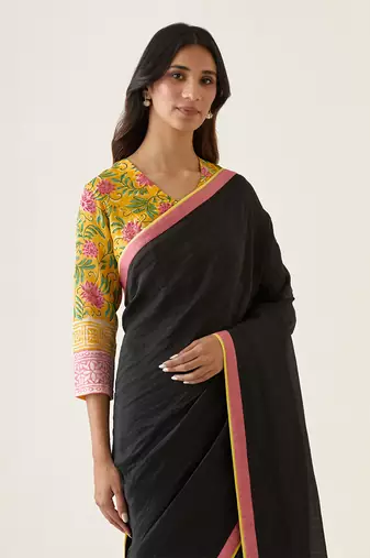Black handcrafted linen silk saree Without Blouse