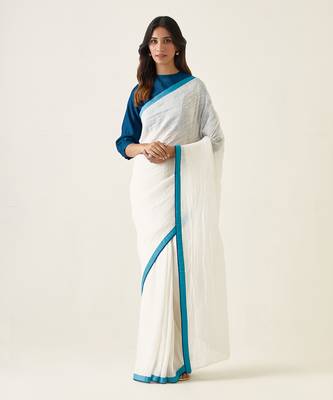 White & teal handcrafted linen silk saree set 1