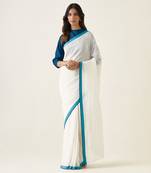 White & teal handcrafted linen silk saree set