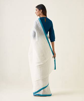 White & teal handcrafted linen silk saree set 2