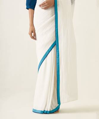 White & teal handcrafted linen silk saree set 3