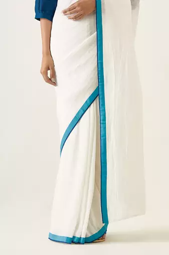 White & teal handcrafted linen silk saree set