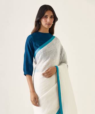 White & teal handcrafted linen silk saree set 4