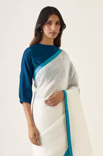 White & teal handcrafted linen silk saree set