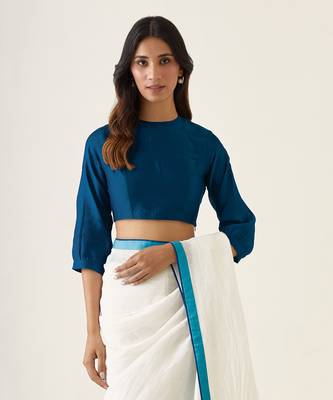 White & teal handcrafted linen silk saree set 5