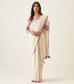 Off white handcrafted mercerized cotton saree set