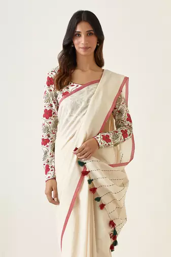 Off white handcrafted mercerized cotton saree set