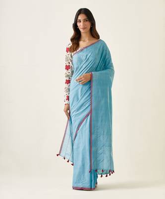 Pastel blue handcrafted mercerized cotton saree set 1