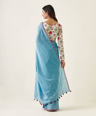 Pastel blue handcrafted mercerized cotton saree set 2