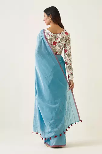 Pastel blue handcrafted mercerized cotton saree set