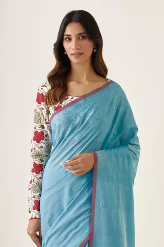 Pastel blue handcrafted mercerized cotton saree set