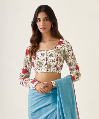 Pastel blue handcrafted mercerized cotton saree set 5