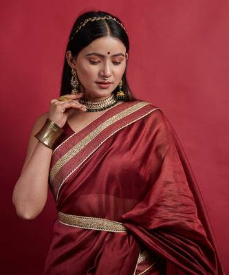 Maroon chanderi handloom ready to wear saree Without Blouse 2