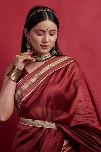 Maroon chanderi handloom ready to wear saree Without Blouse