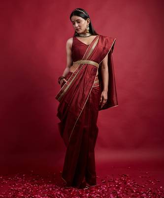 Maroon chanderi handloom ready to wear saree Without Blouse 5