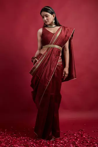 Maroon chanderi handloom ready to wear saree Without Blouse