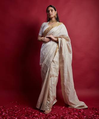 Ivory & gold ready to wear saree set 4