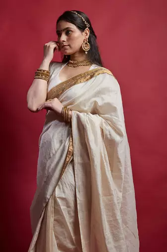 Ivory & gold ready to wear saree Without Blouse