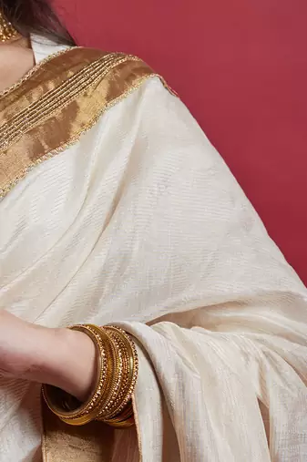 Ivory & gold ready to wear saree Without Blouse
