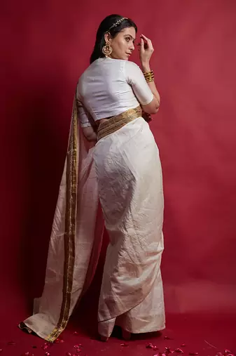 Ivory & gold ready to wear saree Without Blouse