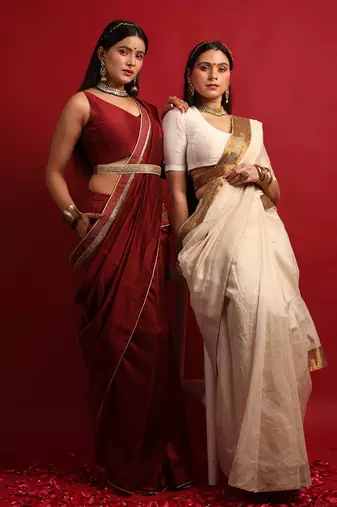Ivory & gold ready to wear saree Without Blouse