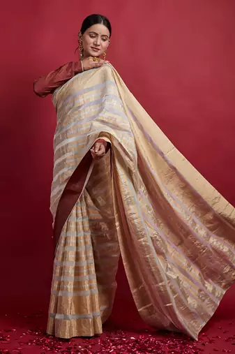 Gold stripe zari saree set