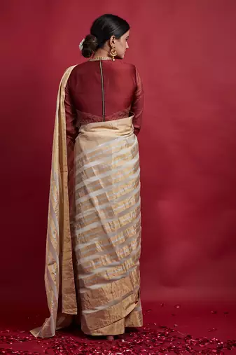 Gold stripe & ivory zari saree Without Blouse