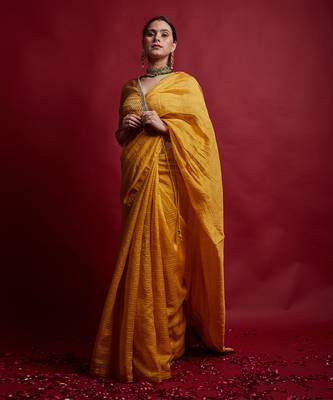 Turmeric yellow & gold stripes saree set 3