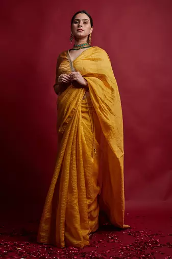 Turmeric yellow & gold stripes saree set
