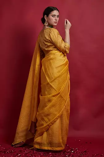 Turmeric yellow & gold stripes saree set