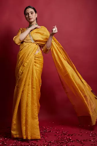 Turmeric yellow & gold stripes saree Without Blouse