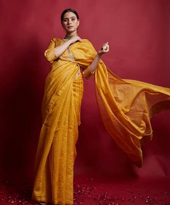 Turmeric yellow & gold stripes saree Without Blouse 3