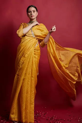 Turmeric yellow & gold stripes saree Without Blouse
