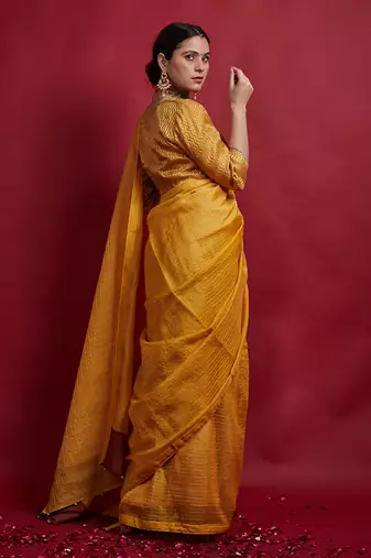 Turmeric yellow & gold stripes saree Without Blouse