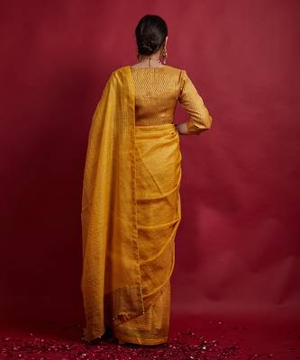 Turmeric yellow & gold stripes saree Without Blouse 5
