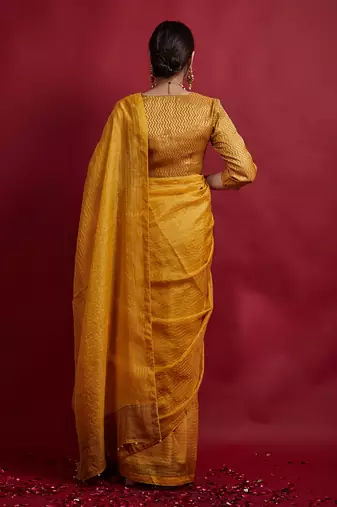 Turmeric yellow & gold stripes saree Without Blouse