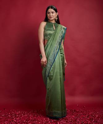 Olive green & gold stripes saree set 1