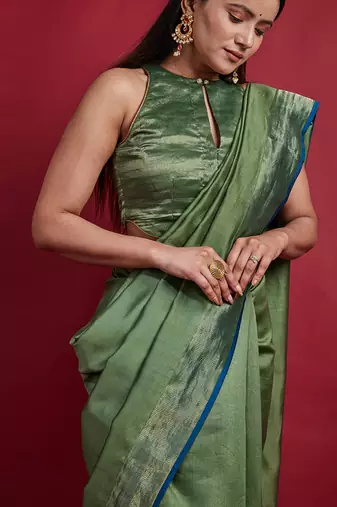 Olive green & gold stripes saree set