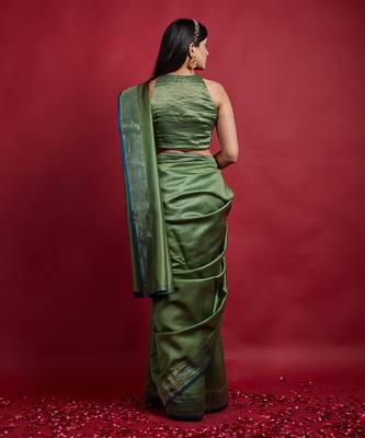 Olive green & gold stripes saree set 4