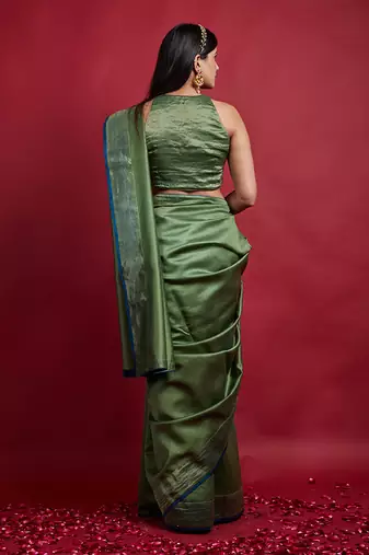 Olive green & gold stripes saree set